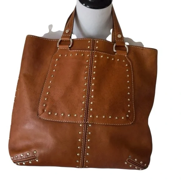 MICHAEL KORS Cognac Brown Gold Studded Leather Shoulder Tote Bag - Picture 2 of 16